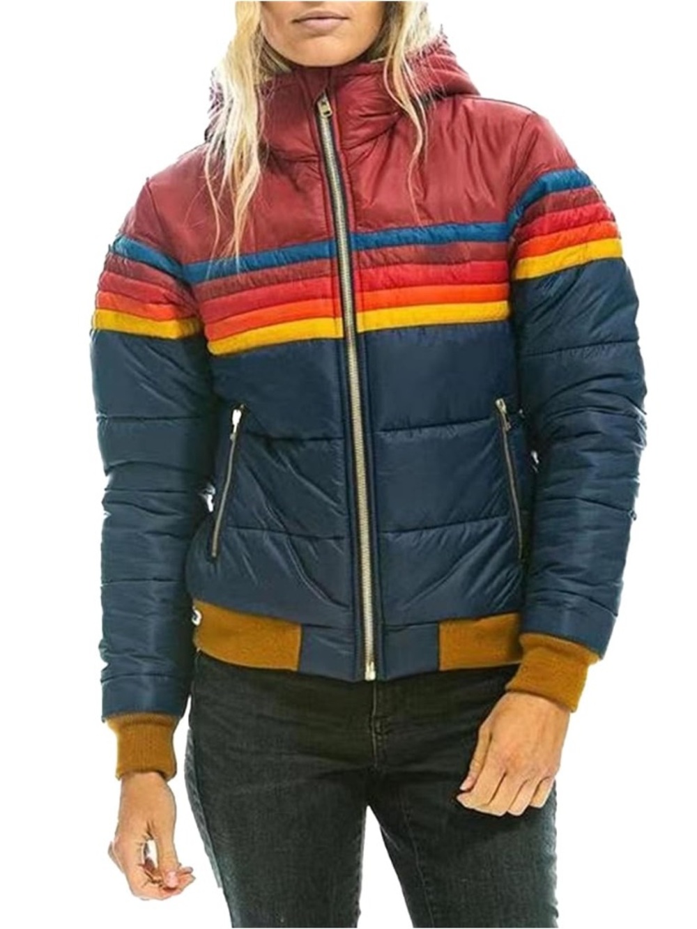 Women's Hooded Short Puffer Jacket in Navy with Rainbow Stripes